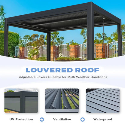 13 Ft. W X 10 Ft. D Outdoor Louvered Pergola with Auto Adjustable Aluminum Rainproof Roof & Auto Curtains, Patio Pergola with Light String & Remote Controller, Black