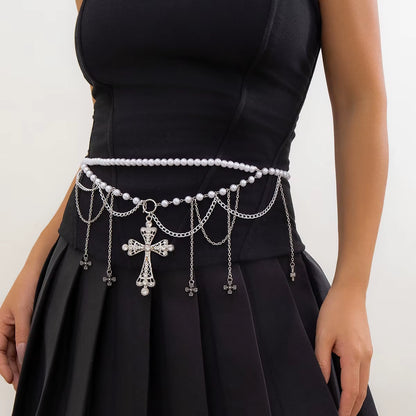 Salircon Steampunk Metal Mesh Tassel Cross Pendant Waist Chain Sexy Gothic Imitation Pearl Body Chain Women'S Bar Body Jewelry