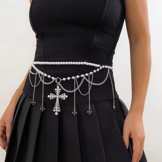Salircon Steampunk Metal Mesh Tassel Cross Pendant Waist Chain Sexy Gothic Imitation Pearl Body Chain Women'S Bar Body Jewelry