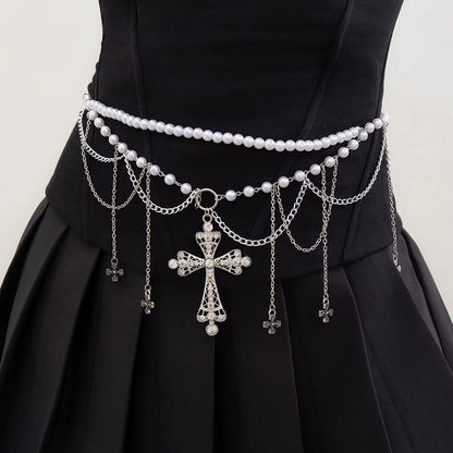 Salircon Steampunk Metal Mesh Tassel Cross Pendant Waist Chain Sexy Gothic Imitation Pearl Body Chain Women'S Bar Body Jewelry