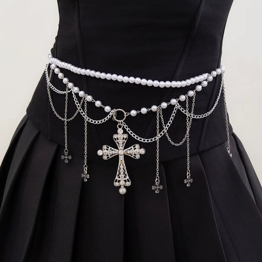 Salircon Steampunk Metal Mesh Tassel Cross Pendant Waist Chain Sexy Gothic Imitation Pearl Body Chain Women'S Bar Body Jewelry