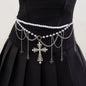 Salircon Steampunk Metal Mesh Tassel Cross Pendant Waist Chain Sexy Gothic Imitation Pearl Body Chain Women'S Bar Body Jewelry