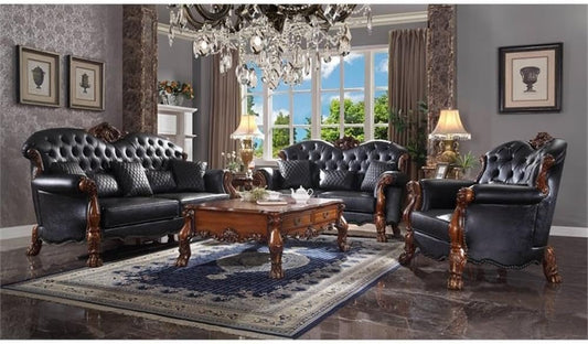 Dresden Faux Leather Tufted Sofa with 5 Pillows in Black and Cherry Oak