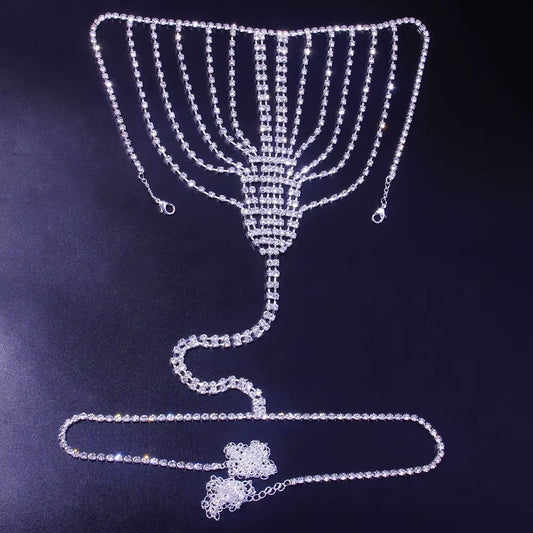 Sexy Body Chain Lingerie Red Crystal Thong Panties Jewelry for Women Silver Color Rhinestone Belly Waist Chain Body Jewelry Gift