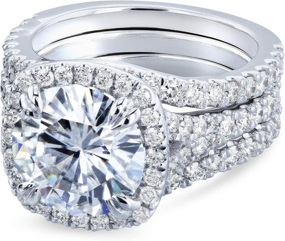 round Forever One D-F Moissanite Cushion Halo Bridal Wedding Set 4 1/3 CTW 14K White Gold 3 Piece Set