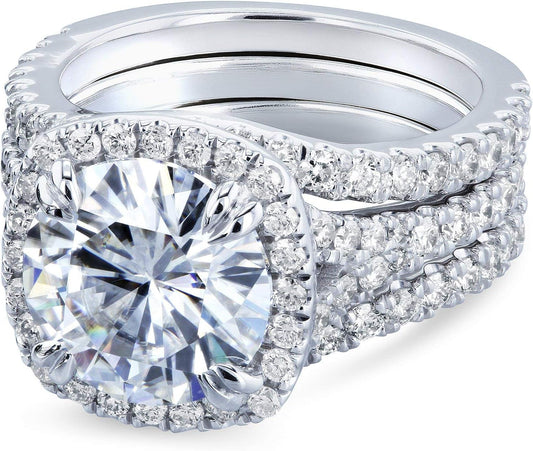 round Forever One D-F Moissanite Cushion Halo Bridal Wedding Set 4 1/3 CTW 14K White Gold 3 Piece Set