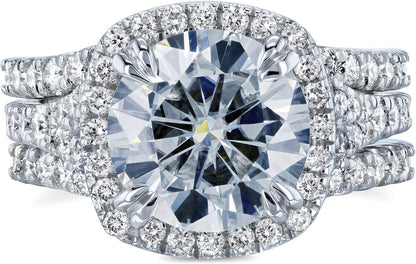 round Forever One D-F Moissanite Cushion Halo Bridal Wedding Set 4 1/3 CTW 14K White Gold 3 Piece Set