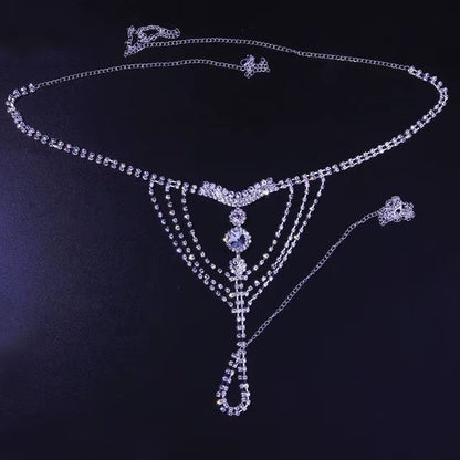 Sexy Body Chain Lingerie Red Crystal Thong Panties Jewelry for Women Silver Color Rhinestone Belly Waist Chain Body Jewelry Gift