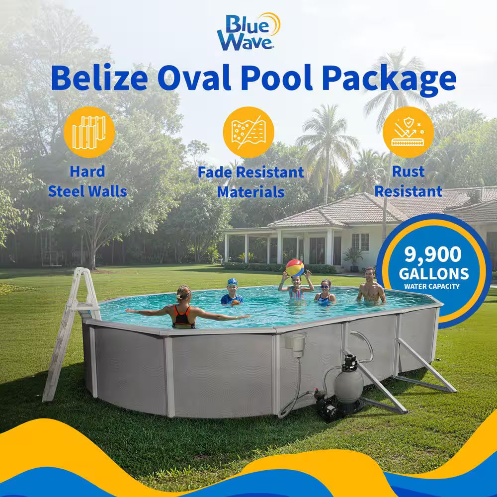 Belize 15 Ft. X 30 Ft. Oval X 52 In. Deep Metal Wall above Ground Pool Package with 6 In. Top Rail