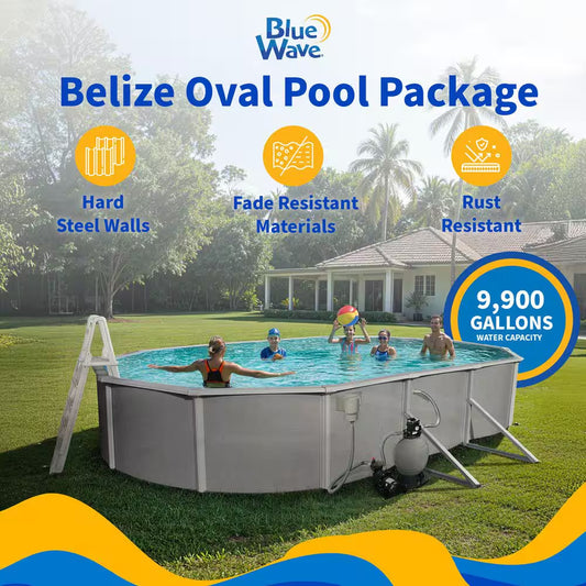 Belize 15 Ft. X 30 Ft. Oval X 52 In. Deep Metal Wall above Ground Pool Package with 6 In. Top Rail