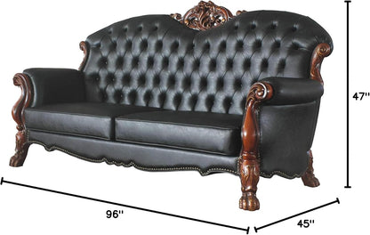 Dresden Faux Leather Tufted Sofa with 5 Pillows in Black and Cherry Oak