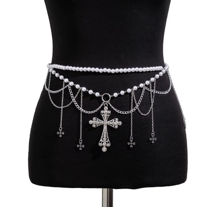 Salircon Steampunk Metal Mesh Tassel Cross Pendant Waist Chain Sexy Gothic Imitation Pearl Body Chain Women'S Bar Body Jewelry