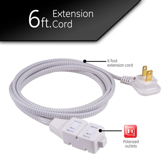 Gray & White, 6 Ft Designer Braided Extension Cord, Power Strip, 3 Polarized Outlet, Outlet Strip, Power Strip Flat Plug, Perfect for Home, Office or Kitchen, UL Listed, 42383