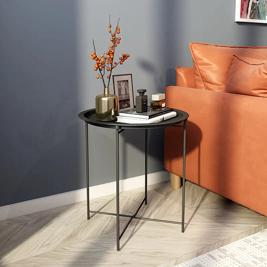 1 tier Black Round Coffee Table with Detachable Tray - Metal Edge Design-1