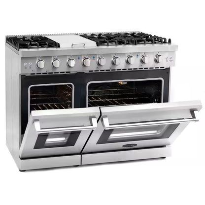 48 In. Haven Collection 7 Cu. Ft. Double Oven Gas Range, 6-Burners, Griddle, Convection, Knob Leds, Stainless Steel