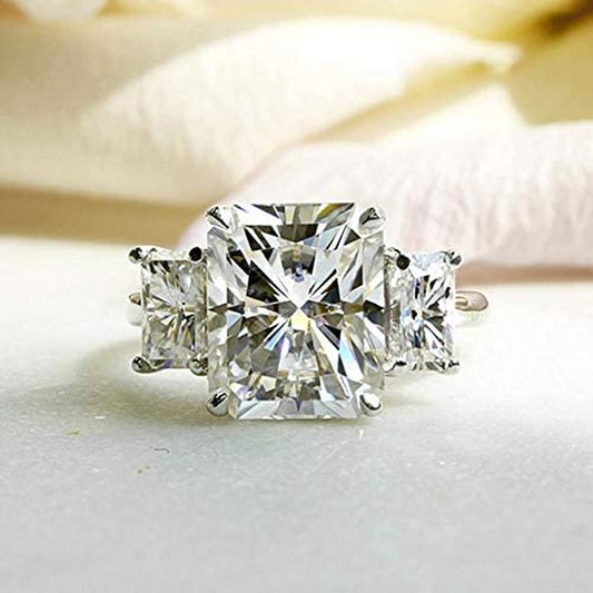 6 3/4 Carats Forever One Radiant Moissanite 3-Stone Statement Ring 14K White Gold