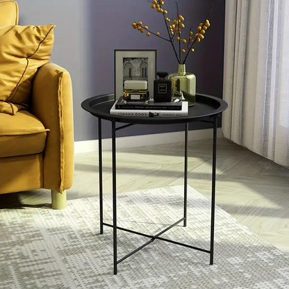 1 tier Black Round Coffee Table with Detachable Tray - Metal Edge Design-3