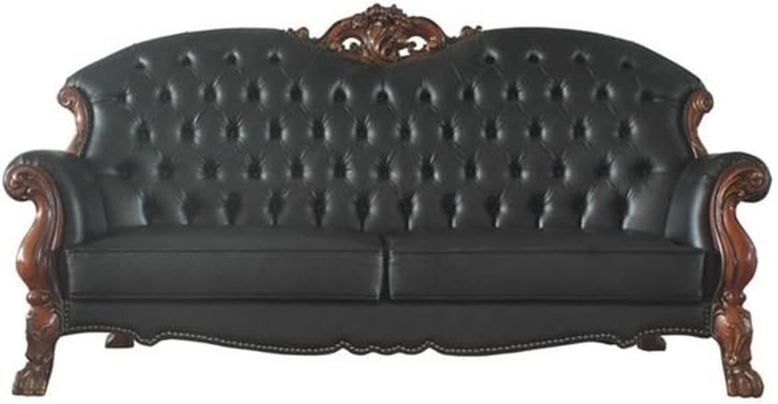 Dresden Faux Leather Tufted Sofa with 5 Pillows in Black and Cherry Oak
