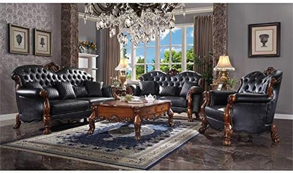 Dresden Faux Leather Tufted Sofa with 5 Pillows in Black and Cherry Oak