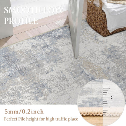 6X9 Washable Area Rug Blue Cream Neutral Abstract Living Room Bedroom Large T...