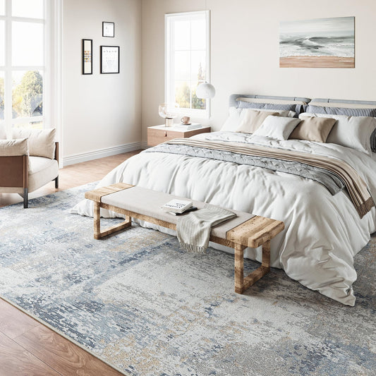 6X9 Washable Area Rug Blue Cream Neutral Abstract Living Room Bedroom Large T...