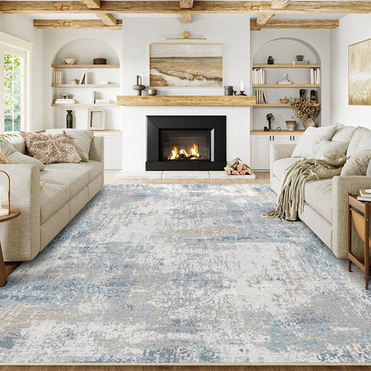 6X9 Washable Area Rug Blue Cream Neutral Abstract Living Room Bedroom Large T...