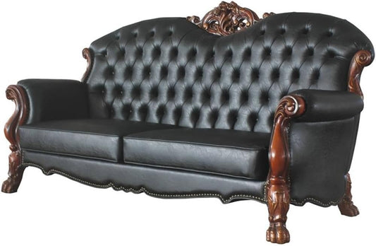 Dresden Faux Leather Tufted Sofa with 5 Pillows in Black and Cherry Oak