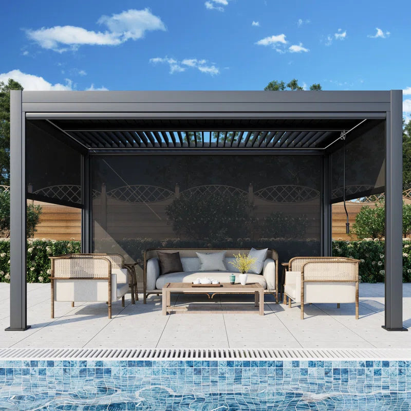 13 Ft. W X 10 Ft. D Outdoor Louvered Pergola with Auto Adjustable Aluminum Rainproof Roof & Auto Curtains, Patio Pergola with Light String & Remote Controller, Black