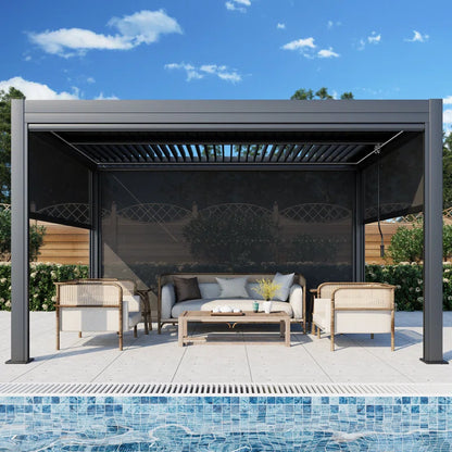 13 Ft. W X 10 Ft. D Outdoor Louvered Pergola with Auto Adjustable Aluminum Rainproof Roof & Auto Curtains, Patio Pergola with Light String & Remote Controller, Black