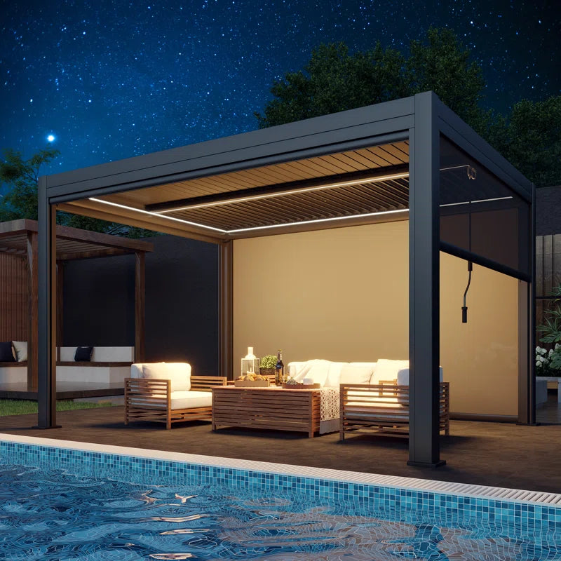 13 Ft. W X 10 Ft. D Outdoor Louvered Pergola with Auto Adjustable Aluminum Rainproof Roof & Auto Curtains, Patio Pergola with Light String & Remote Controller, Black