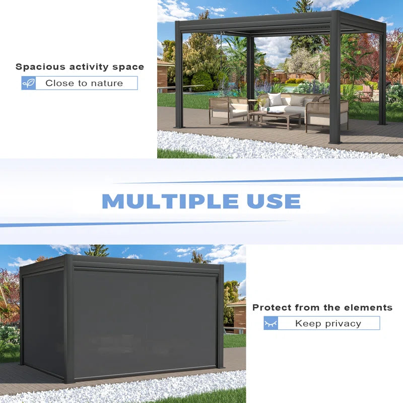 13 Ft. W X 10 Ft. D Outdoor Louvered Pergola with Auto Adjustable Aluminum Rainproof Roof & Auto Curtains, Patio Pergola with Light String & Remote Controller, Black